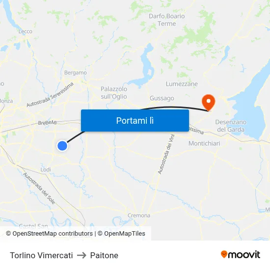 Torlino Vimercati to Paitone map
