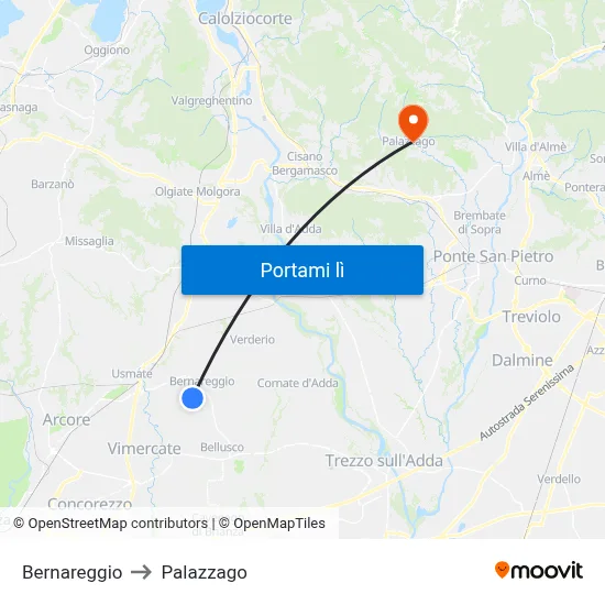 Bernareggio to Palazzago map