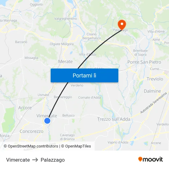 Vimercate to Palazzago map