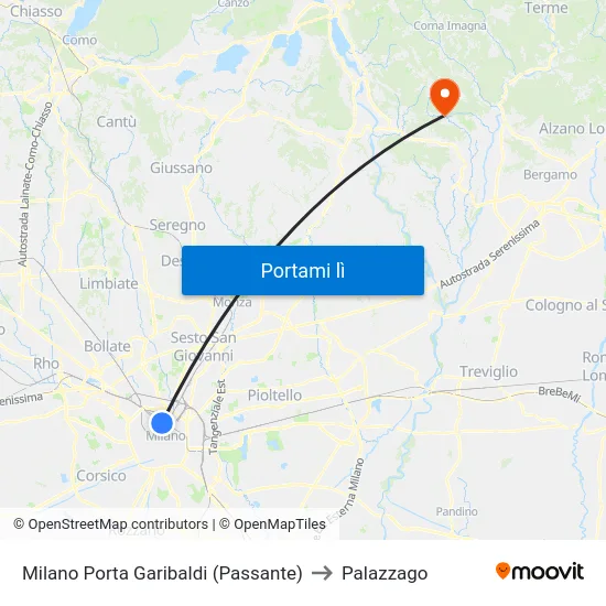 Milano Porta Garibaldi (Passante) to Palazzago map