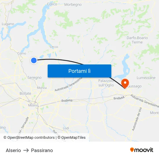 Alserio to Passirano map