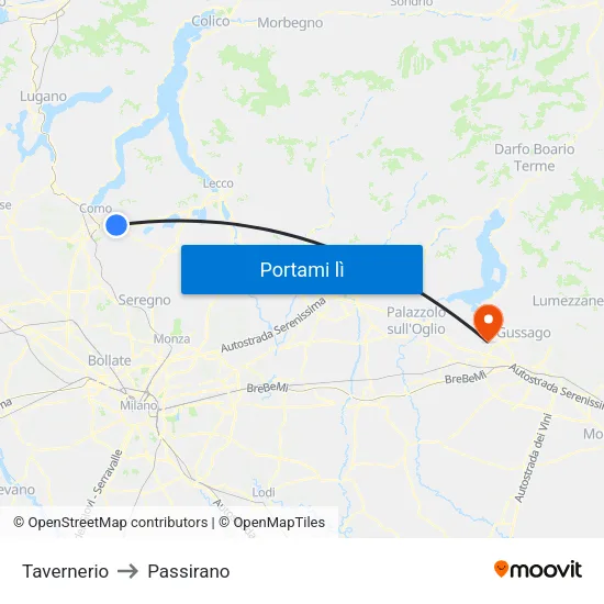 Tavernerio to Passirano map