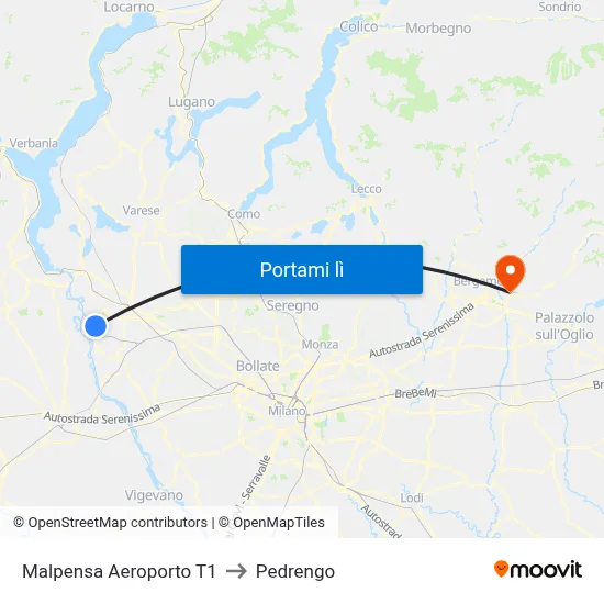 Malpensa Aeroporto T1 to Pedrengo map