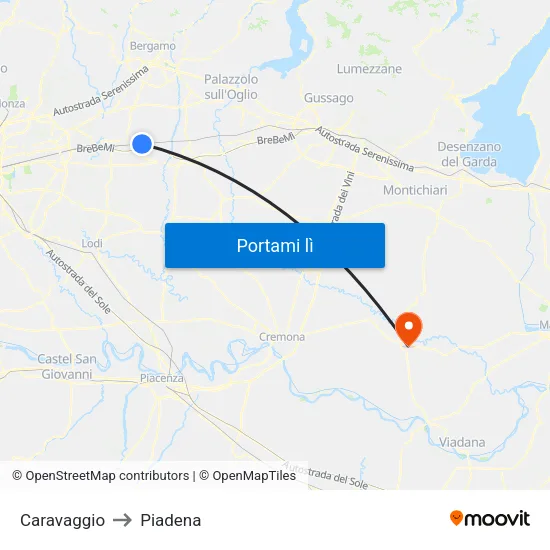 Caravaggio to Piadena map