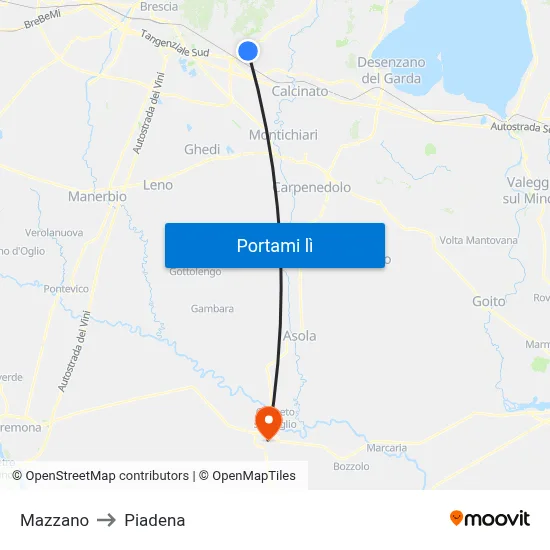 Mazzano to Piadena map