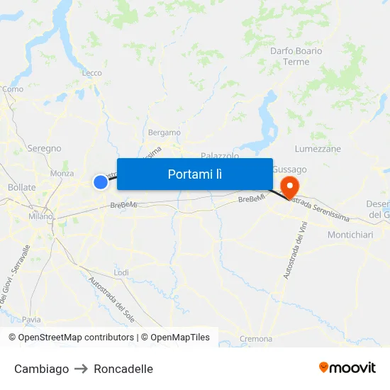 Cambiago to Roncadelle map