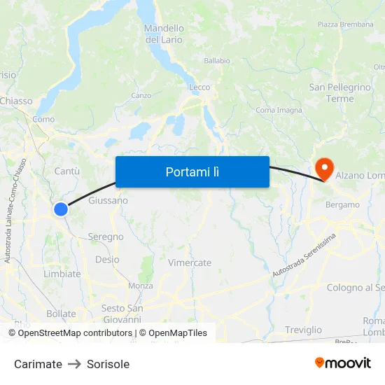 Carimate to Sorisole map