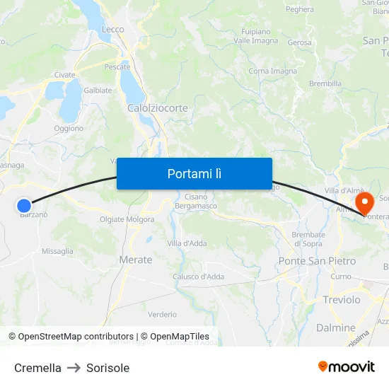 Cremella to Sorisole map