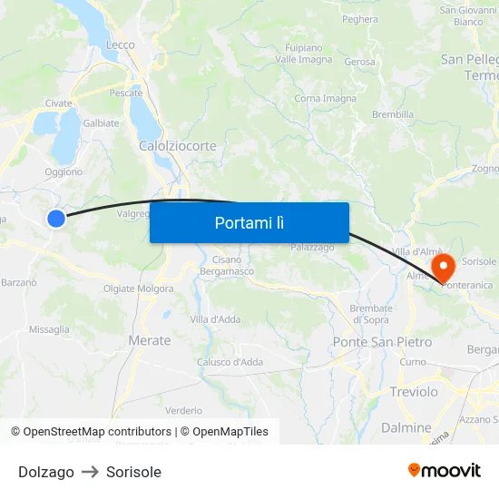Dolzago to Sorisole map