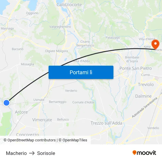 Macherio to Sorisole map