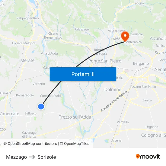 Mezzago to Sorisole map