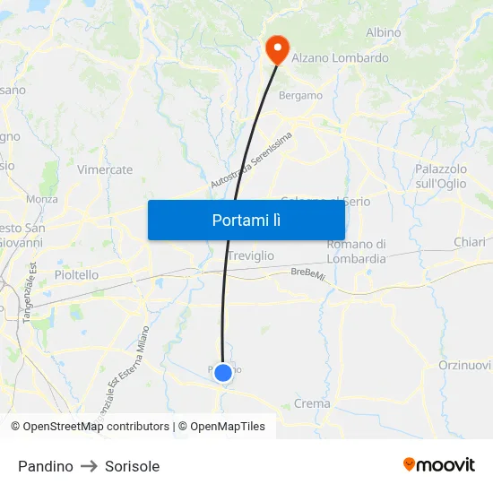 Pandino to Sorisole map