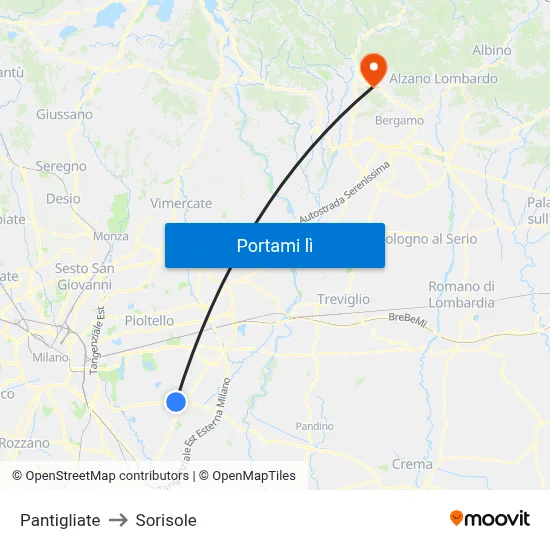 Pantigliate to Sorisole map