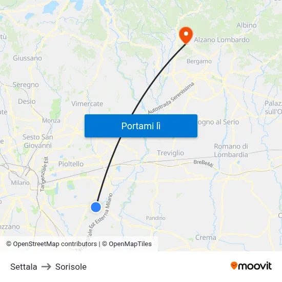 Settala to Sorisole map