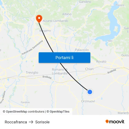 Roccafranca to Sorisole map