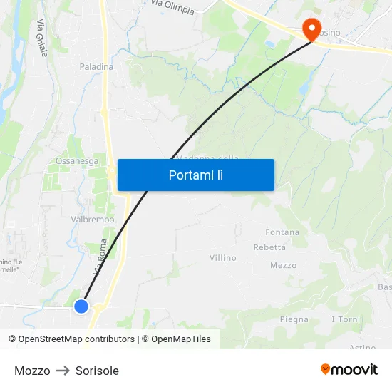 Mozzo to Sorisole map