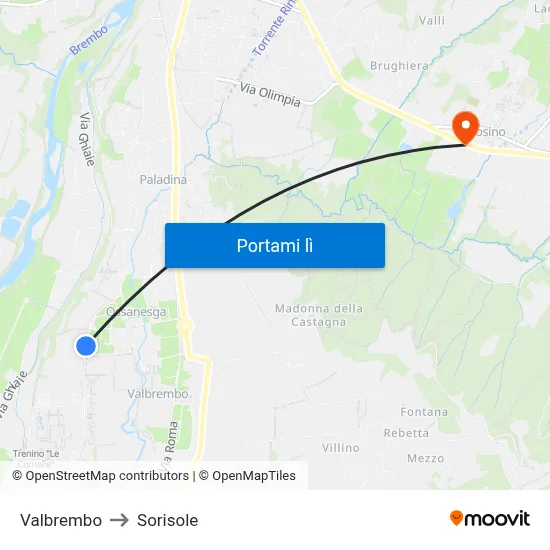 Valbrembo to Sorisole map