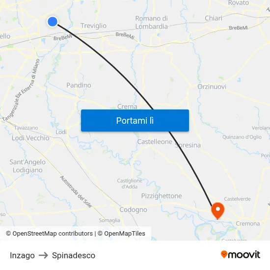 Inzago to Spinadesco map