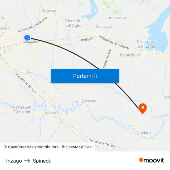Inzago to Spineda map