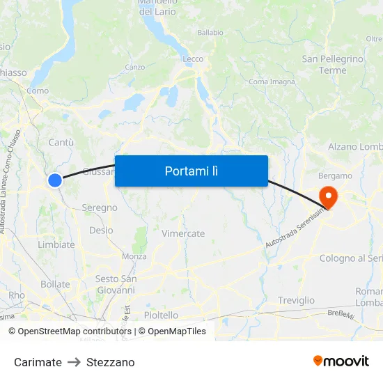 Carimate to Stezzano map