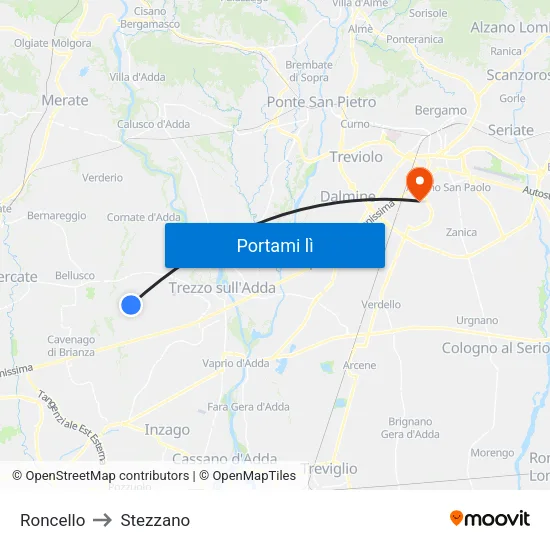 Roncello to Stezzano map