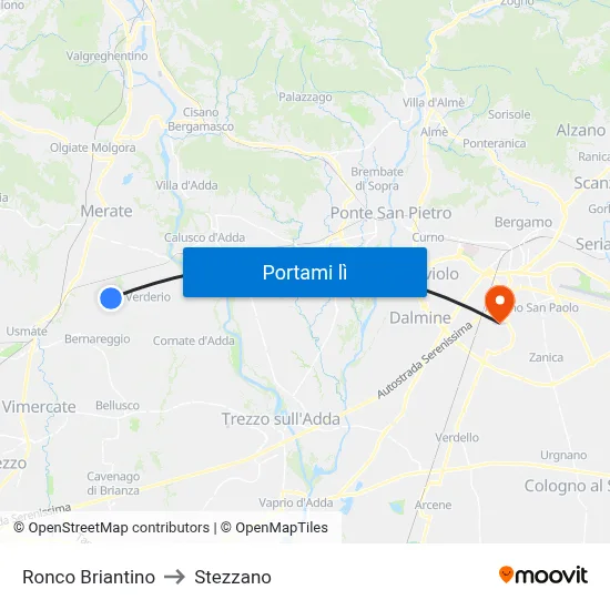 Ronco Briantino to Stezzano map