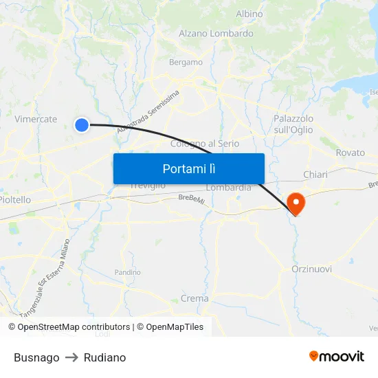 Busnago to Rudiano map