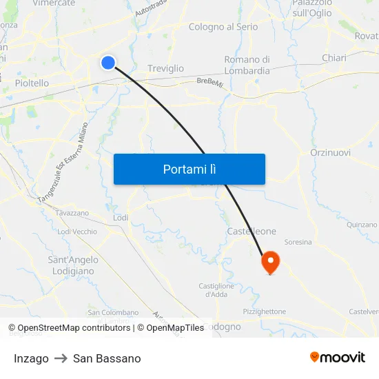 Inzago to San Bassano map