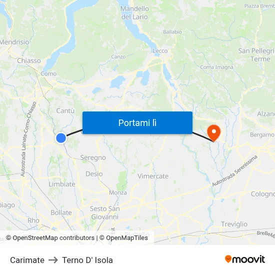 Carimate to Terno D' Isola map