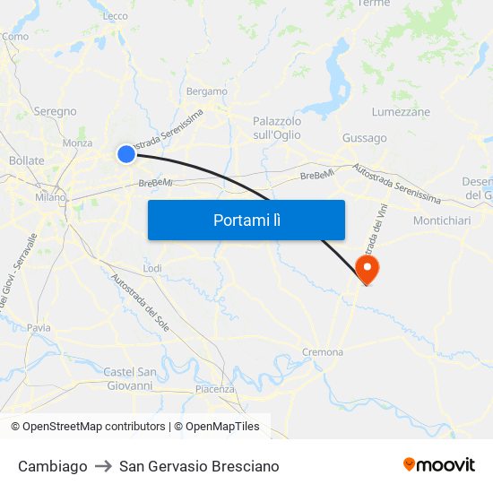 Cambiago to San Gervasio Bresciano map