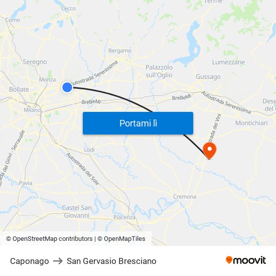 Caponago to San Gervasio Bresciano map