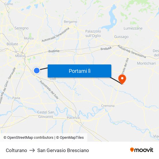 Colturano to San Gervasio Bresciano map