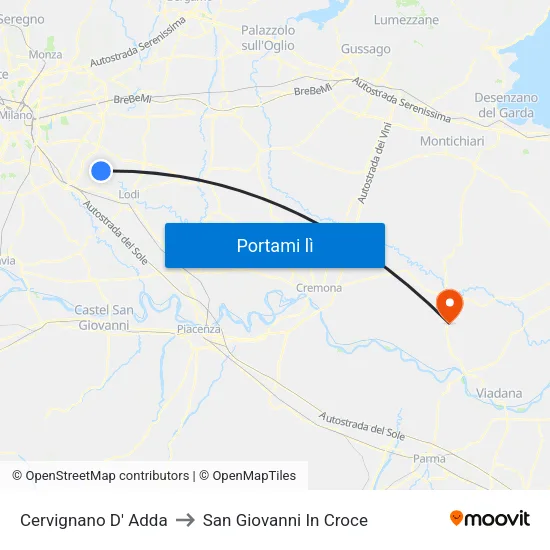 Cervignano D' Adda to San Giovanni In Croce map