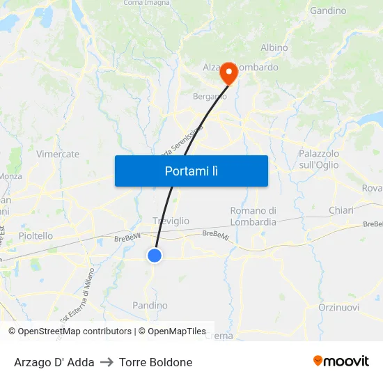 Arzago D' Adda to Torre Boldone map