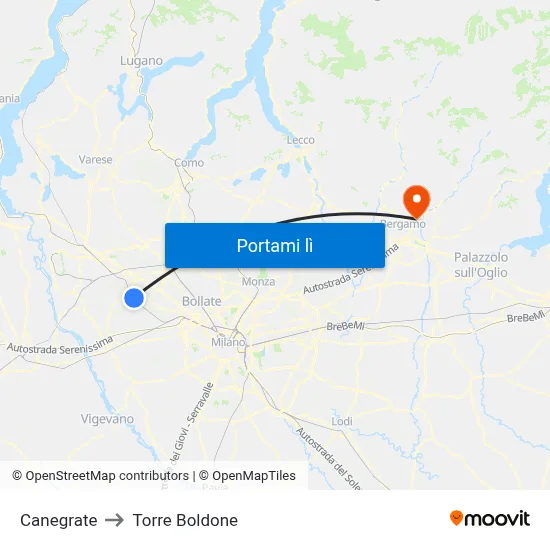 Canegrate to Torre Boldone map