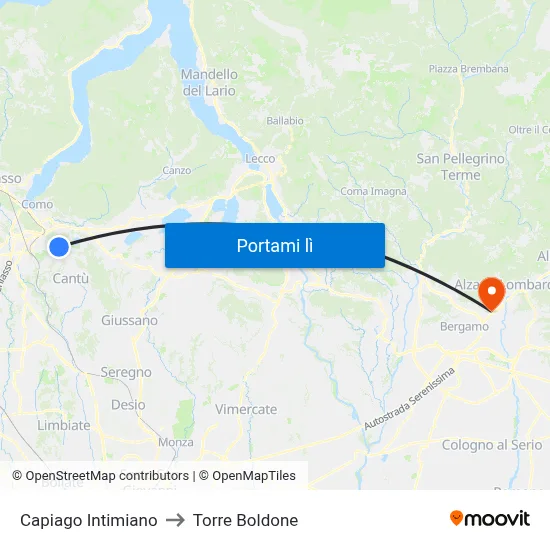 Capiago Intimiano to Torre Boldone map