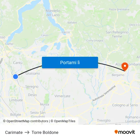 Carimate to Torre Boldone map