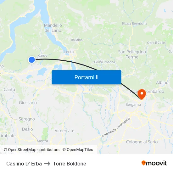 Caslino D' Erba to Torre Boldone map