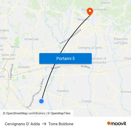 Cervignano D' Adda to Torre Boldone map
