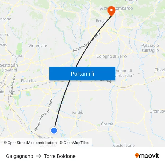 Galgagnano to Torre Boldone map