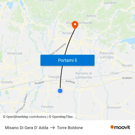 Misano Di Gera D' Adda to Torre Boldone map