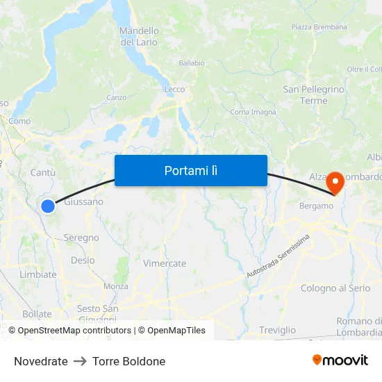 Novedrate to Torre Boldone map