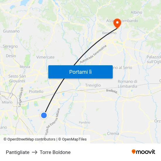 Pantigliate to Torre Boldone map