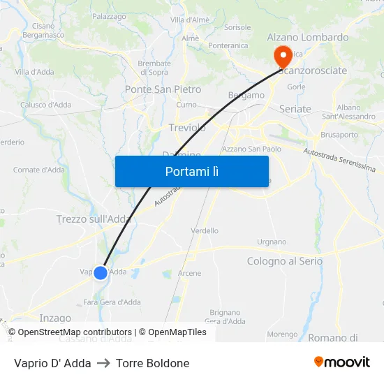 Vaprio D' Adda to Torre Boldone map