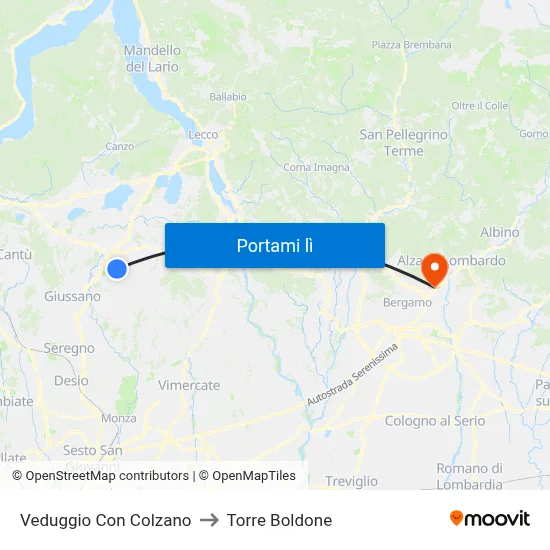 Veduggio Con Colzano to Torre Boldone map