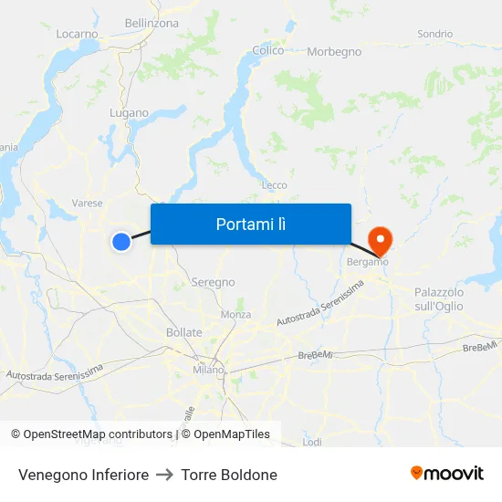 Venegono Inferiore to Torre Boldone map