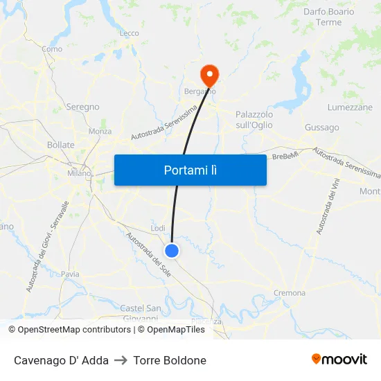 Cavenago D' Adda to Torre Boldone map
