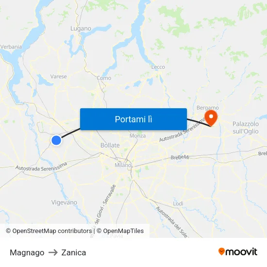 Magnago to Zanica map