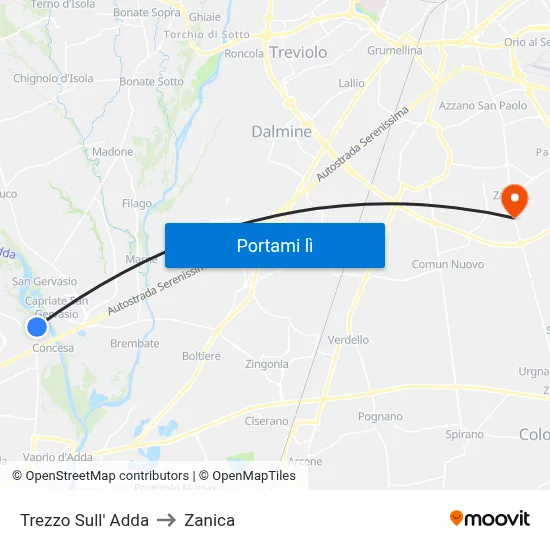 Trezzo Sull' Adda to Zanica map