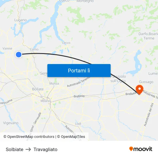 Solbiate to Travagliato map